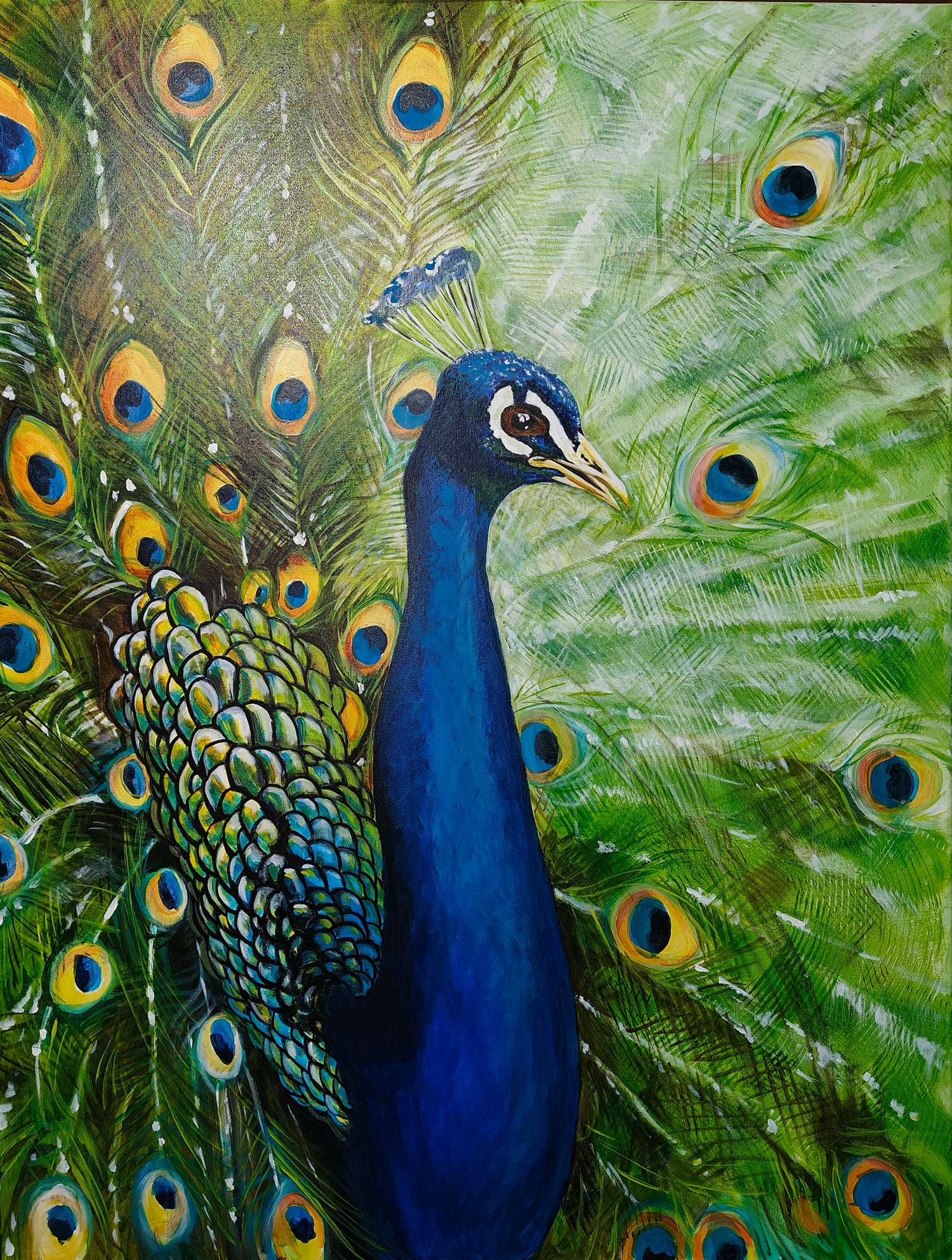 large acrylic painting on canvas, a close up of a peacock