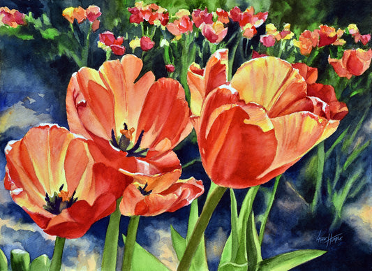 Orange Zest, Tulip field Original Watercolor Painting