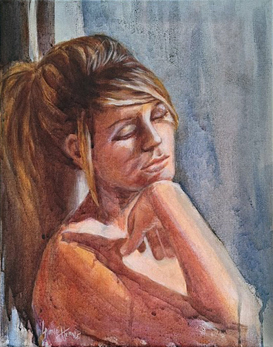 Original Framed Acrylic Painting on Canvas, Girl in the Window