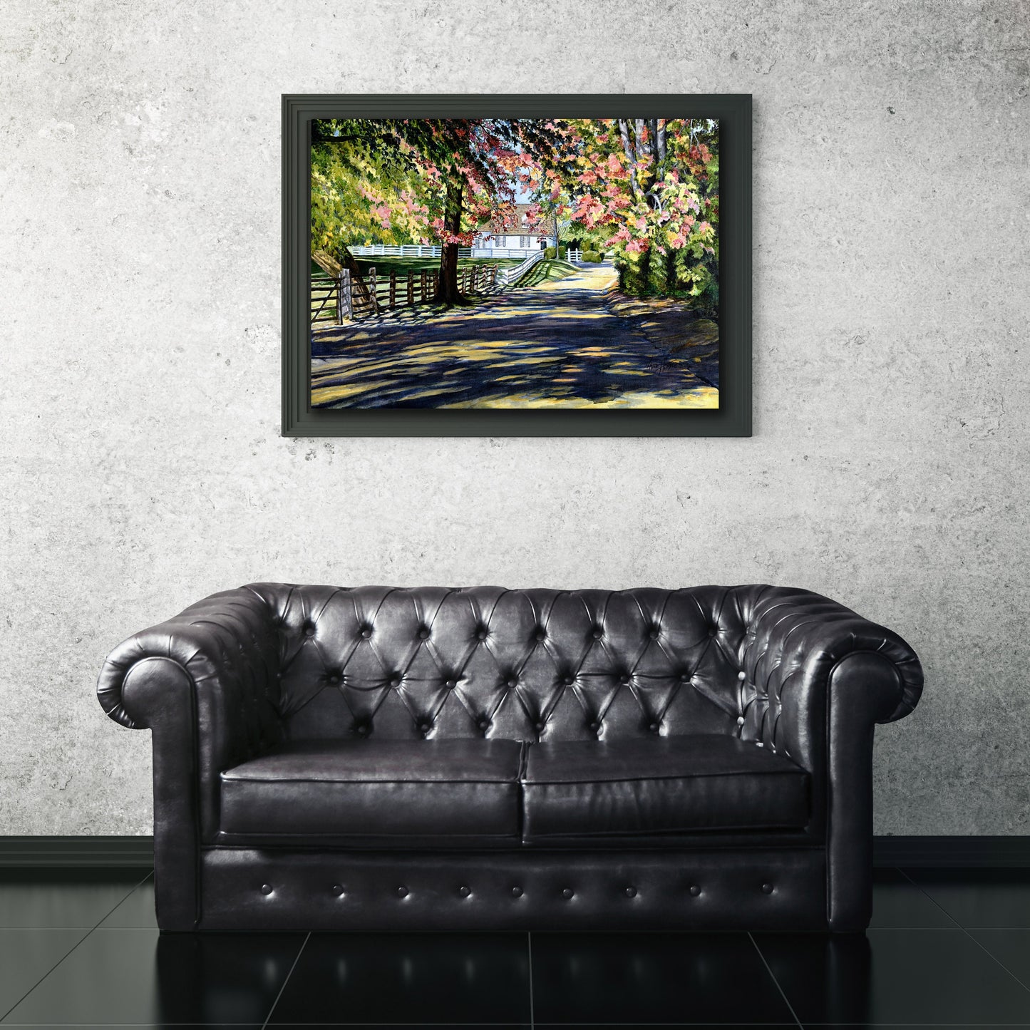 shadows and foliage in the landscape oil painting print, hung over a couch