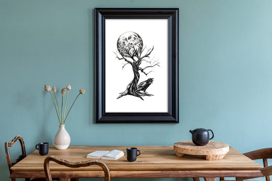 Line Art Raven Tree and Moon Print
