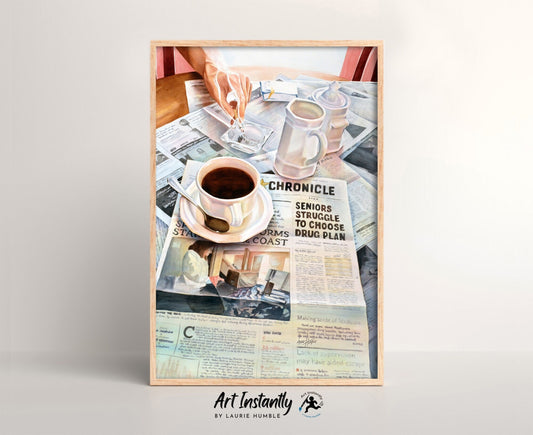 Kitchen Retro Coffee Newsprint Watercolor Digital Print