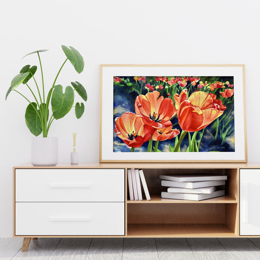 Orange Zest, Tulip field Original Watercolor Painting