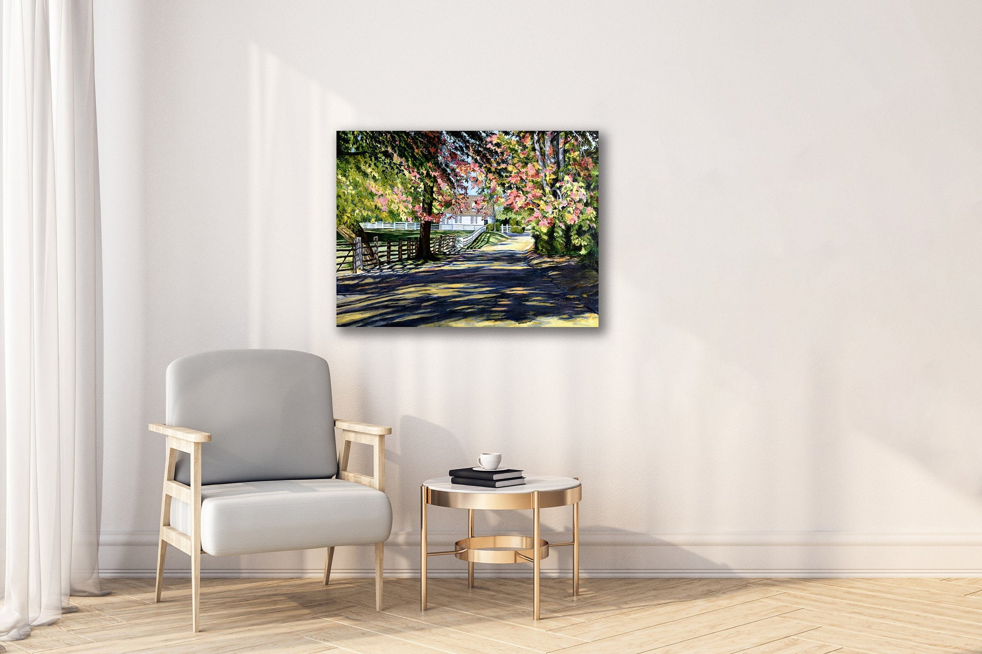 Fine art print of Shadowed Lane on a living room wall in sunlight