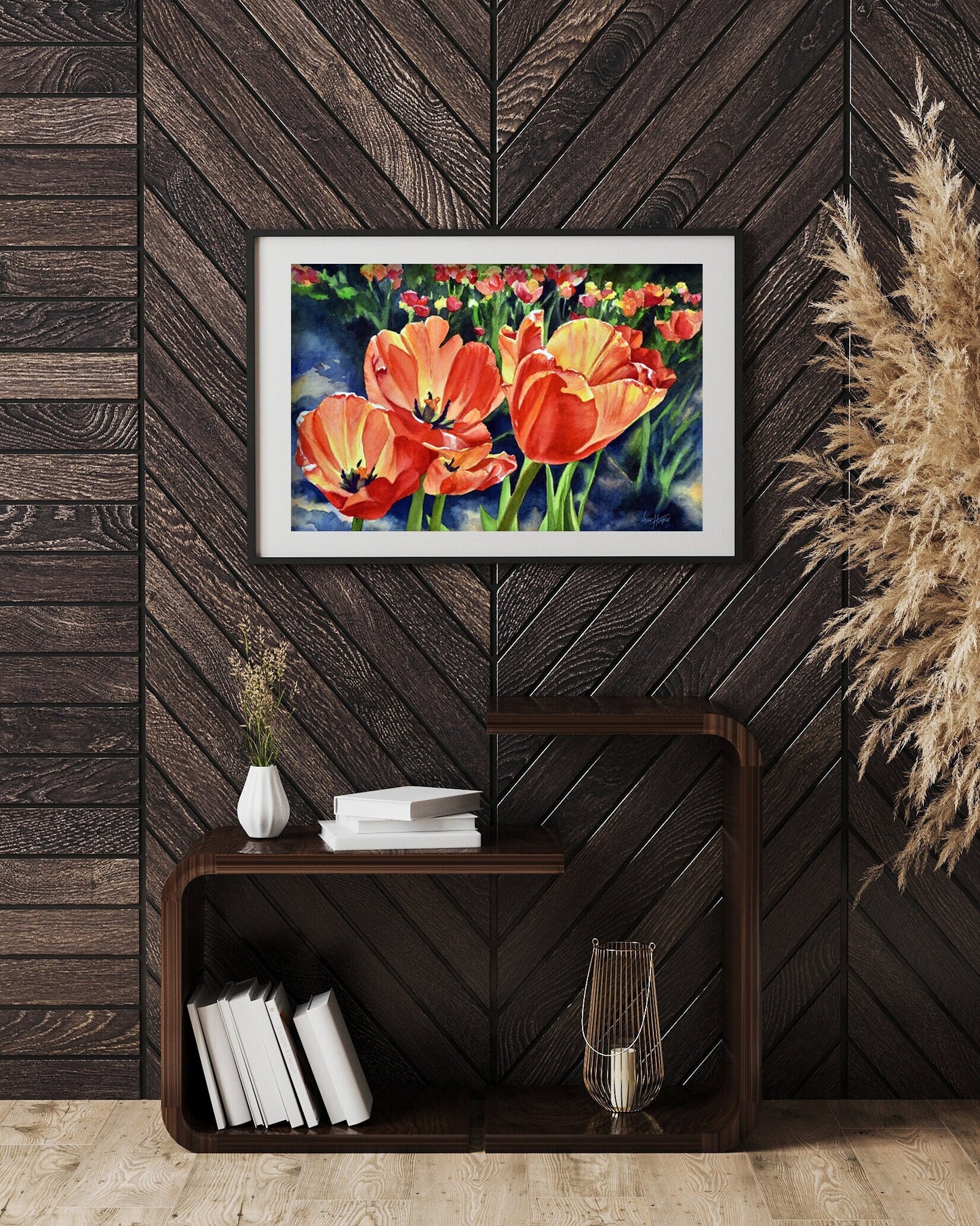 Orange Tulip Field WatercolorFlower Painting Digital Print