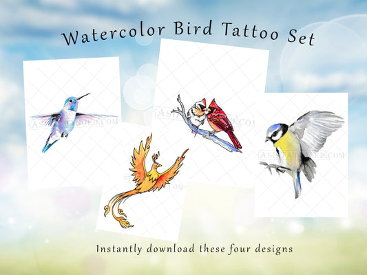 Watercolor Tattoo Bird Tattoo Design Set of 4