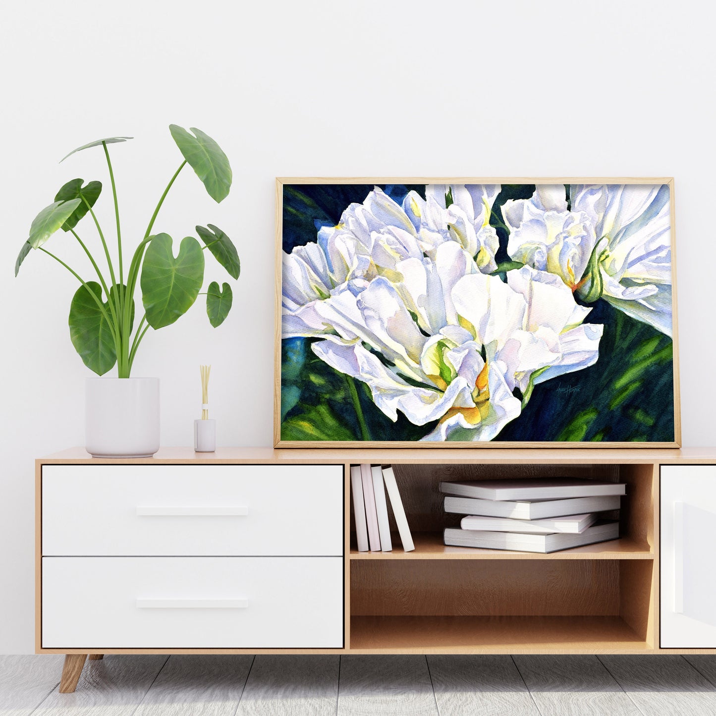 White Modern Abstract Floral Watercolor Digital Print