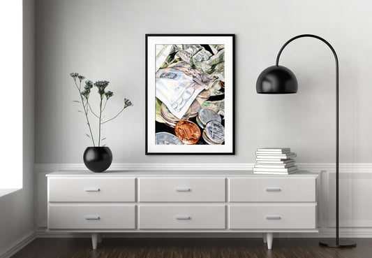Office Wall Art, US Currency, Large Wall Art, Watercolor Painting, Canvas Print, Oversized Wall Art