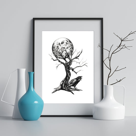 Line Art Raven Tree and Moon Print