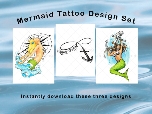 Set of 3 Mermaid Nautical Tattoo Designs