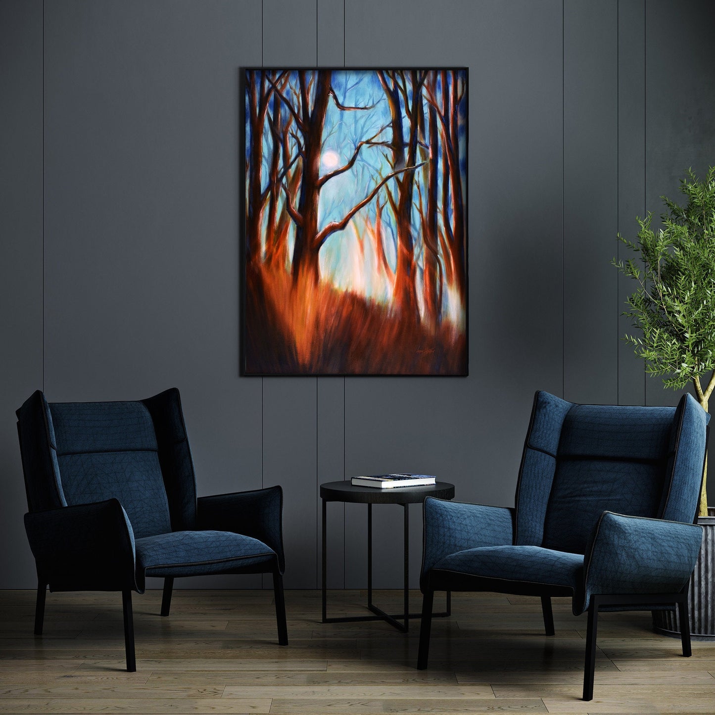 Large Canvas Art, Forest Art, Moonlight Painting, Oversized Framed Wall Art, Oil Painting