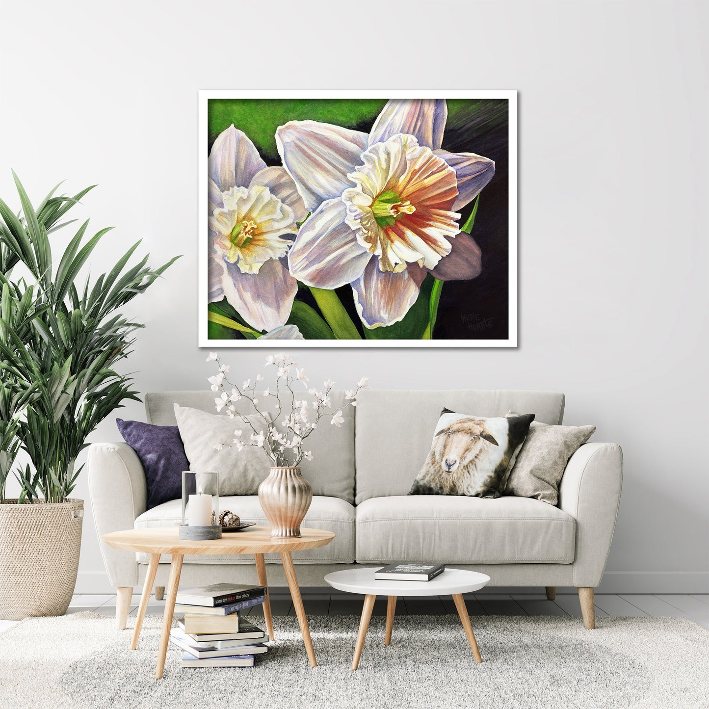 Large Wall Art, Above Bed Decor, White Daffodil, Daffodil Print,Large Wall Art, Watercolor Painting, Canvas Print