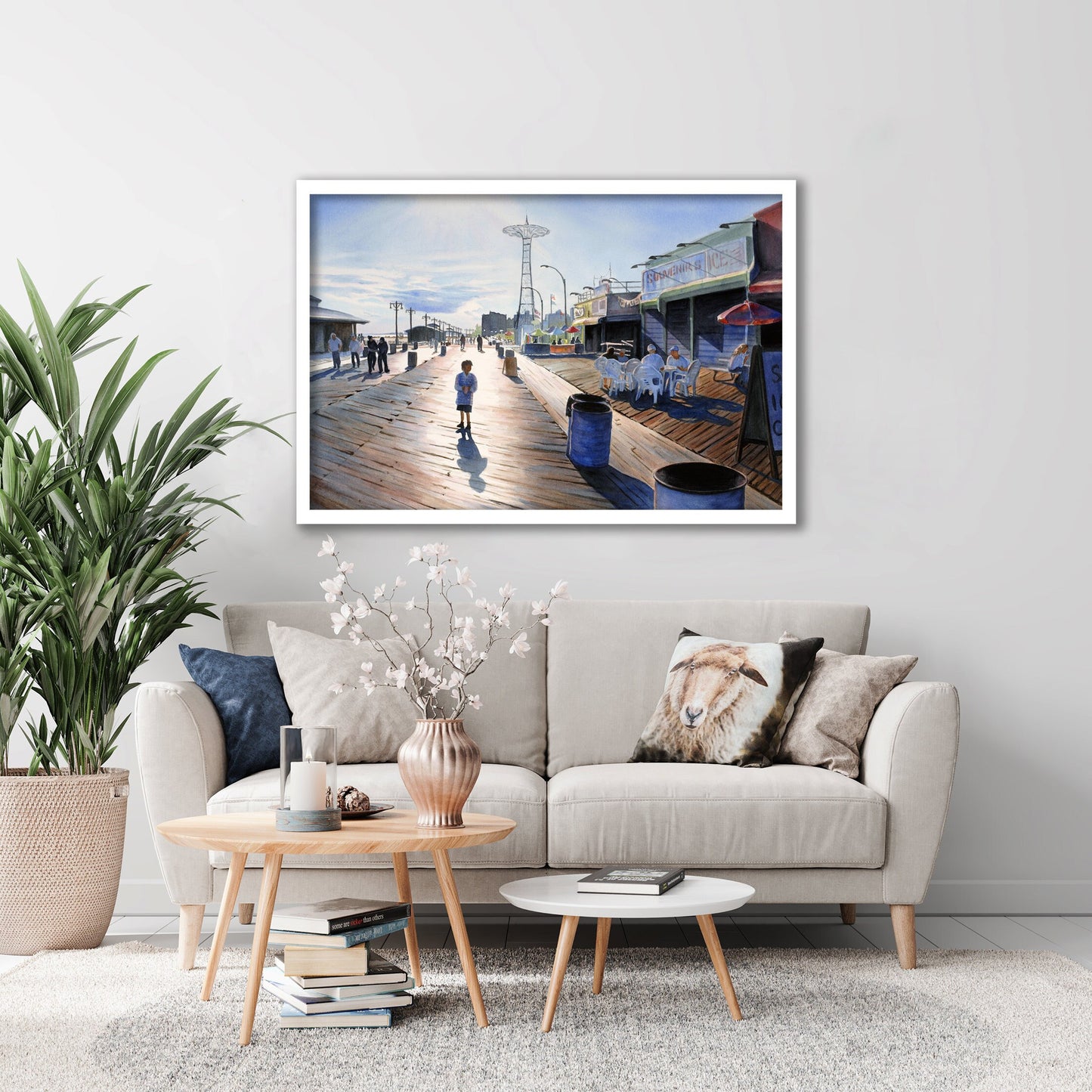 Coney Island Art, Oversized Framed Wall Art, Above Bed Decor, Canvas Print, Watercolor Painting, Living Room Art