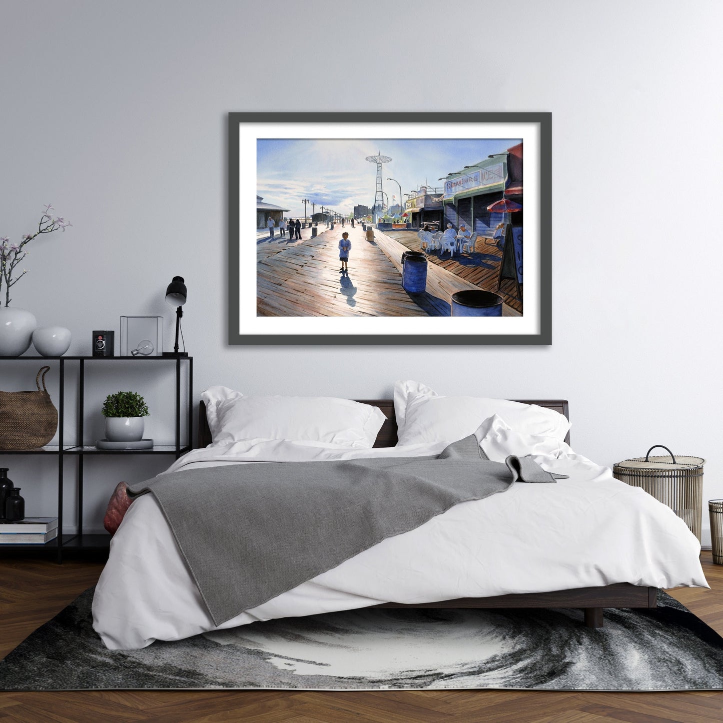 Coney Island Art, Oversized Framed Wall Art, Above Bed Decor, Canvas Print, Watercolor Painting, Living Room Art
