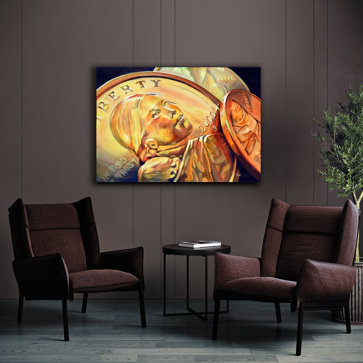 Office Wall Art, Money Painting, Sacagawea Dollar, US Currency, Large Scale Art, Canvas Print