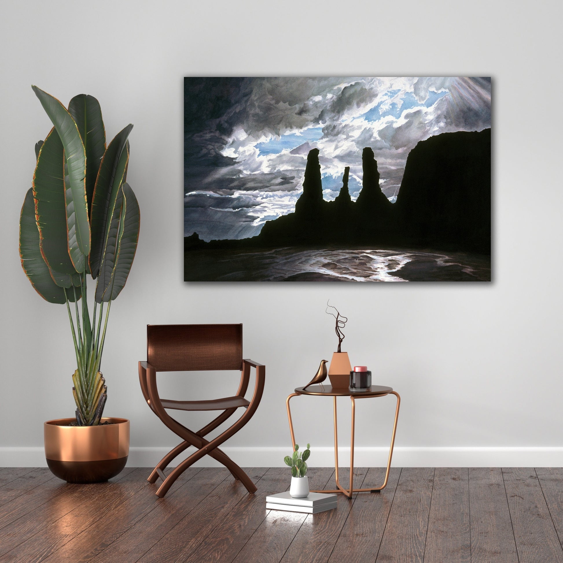 Monument Valley painting displayed in Southwestern-style industrial setting.