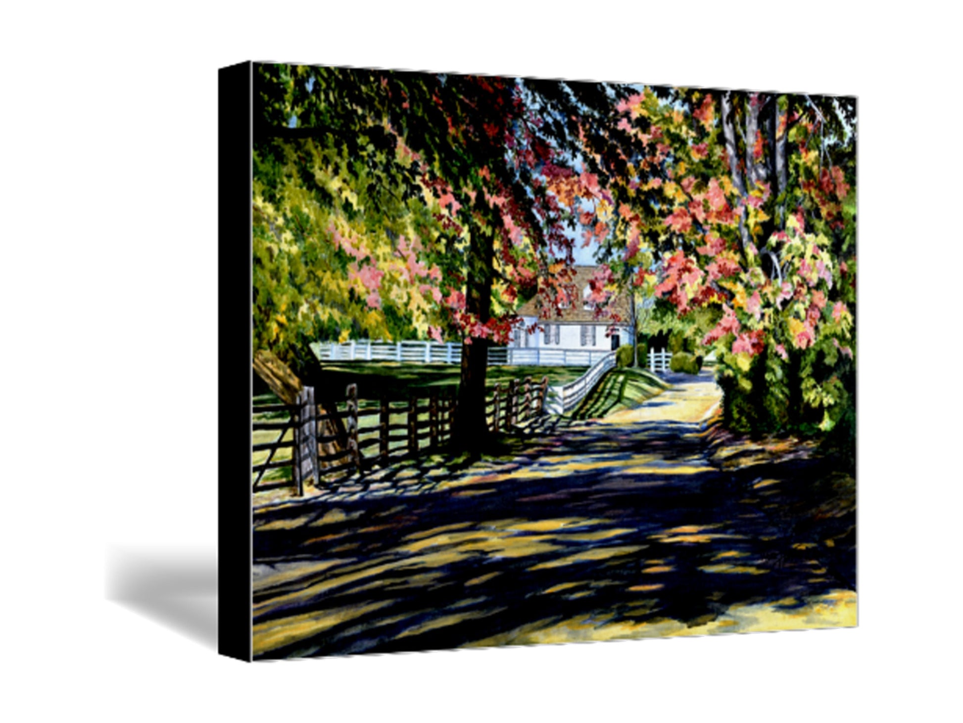 Wrapped canvas print of a colorful country cottage landscape, ready to hang.