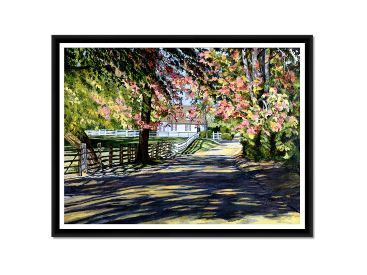 Framed version of Shadowed Lane with black wood frame and white mat.