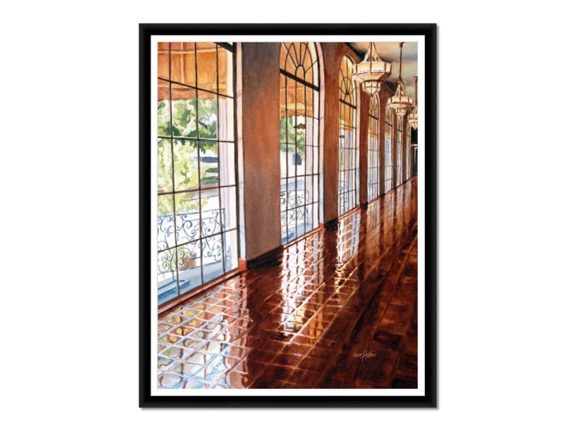 Framed fine art print of "Reflections" featuring a black wood frame and white mat.