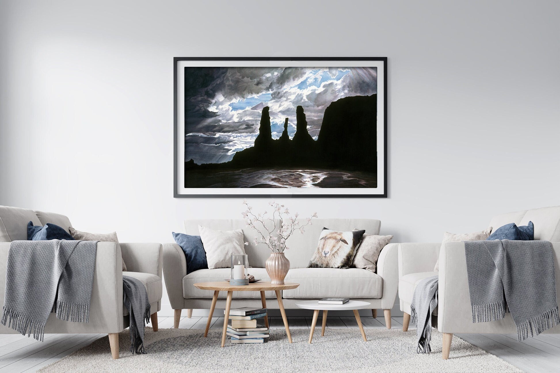 Framed Monument Valley desert landscape wall art in farmhouse living room