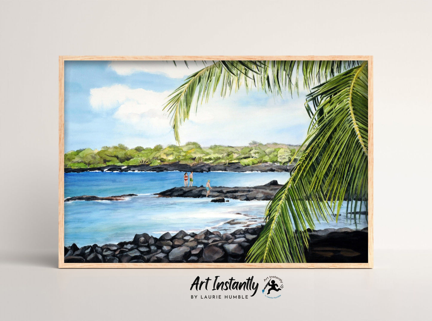 Hawaiian Black Sand Beach Watercolor Painting Digital Print